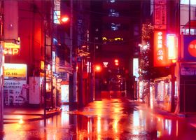 A neon street at night