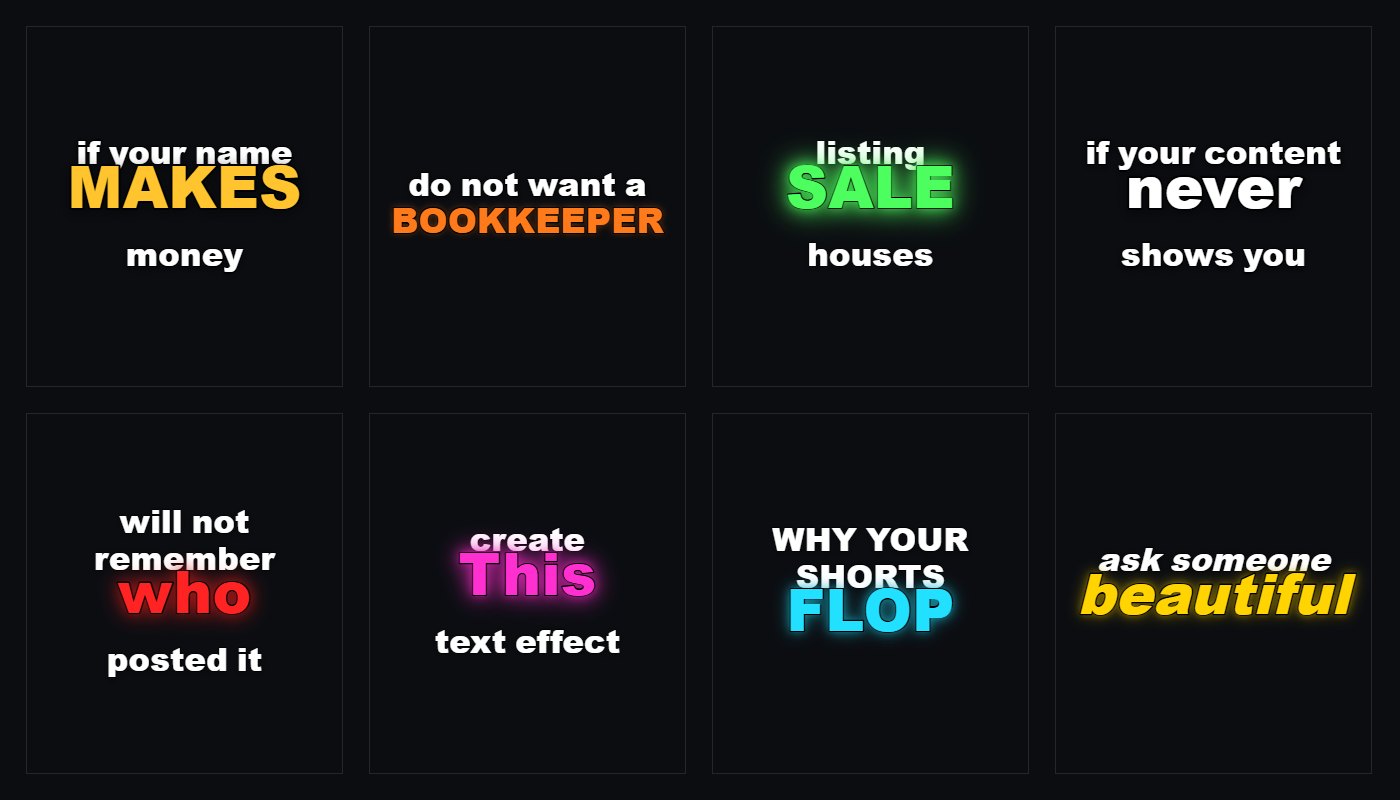Eight caption styles: in each one a short line of small white words with one word much larger, in gold, orange, green, white, red, magenta, cyan or slanted yellow